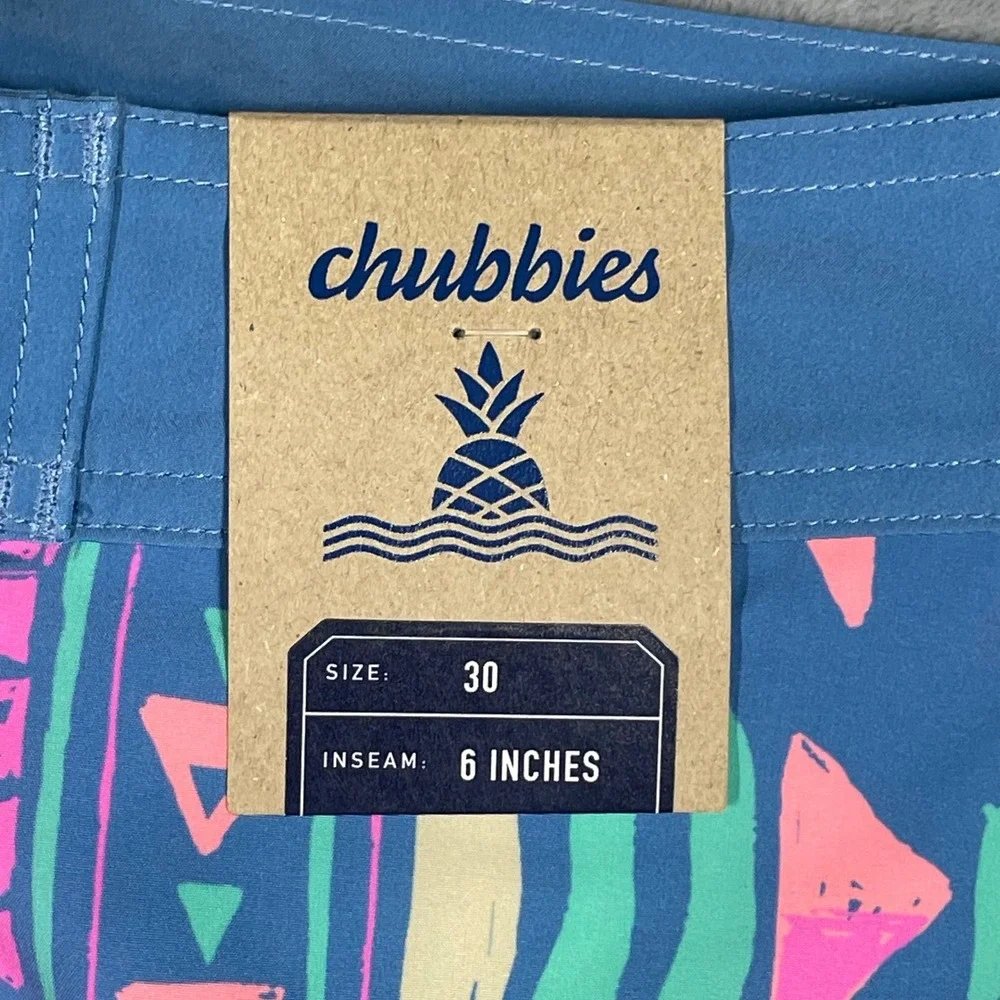 Chubbies The Long Timers Boardshorts Mens 30 Blue Neon 90s Retro 6 Inseam NEW